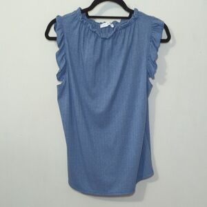 Ces Femme Blue Ruffled Sleeveless Top Women's Size Large*